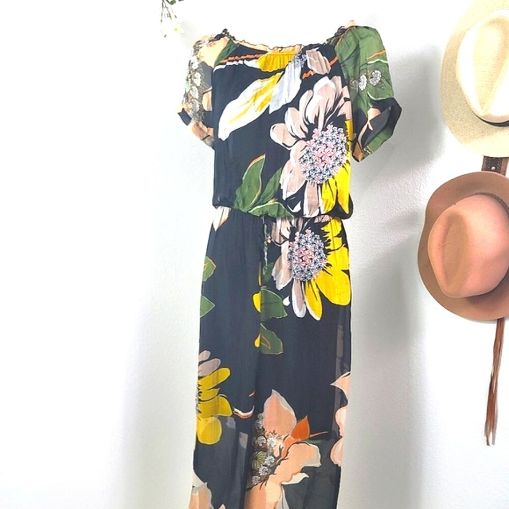 PURA SETA Italian 100% Silk Black Floral Off Shoulder Jumpsuit Wide Leg Bohemian